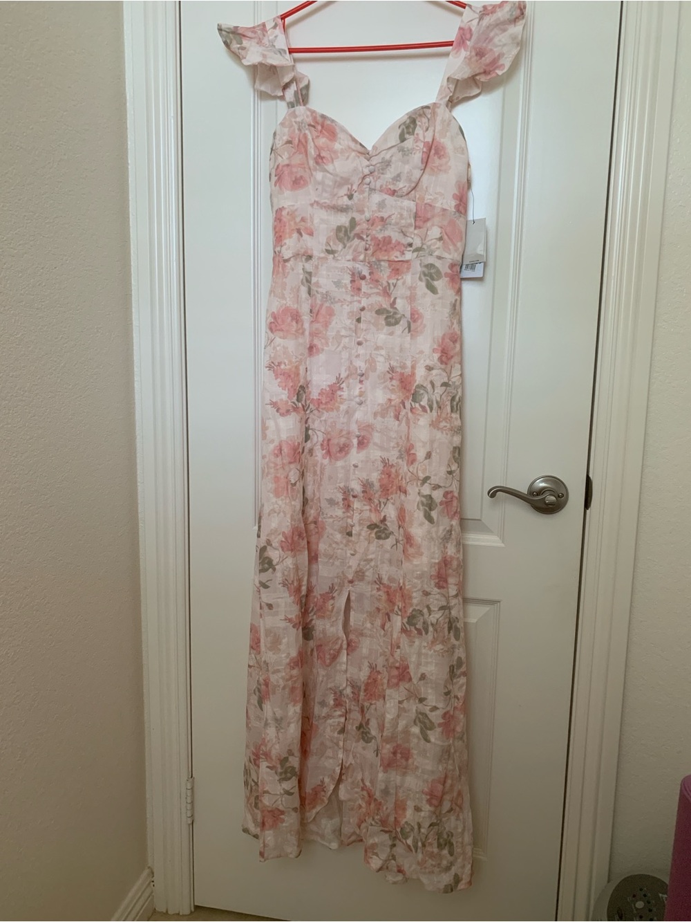 NWT Guess Sweetest Rose Print Pink Linen Blend Maxi Dress Size 2 Flutter Sleeve - Picture 1 of 15